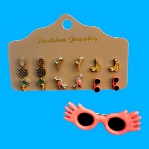 Vintage 1980s Summer Beach Theme Post Stud Earrings and Pin